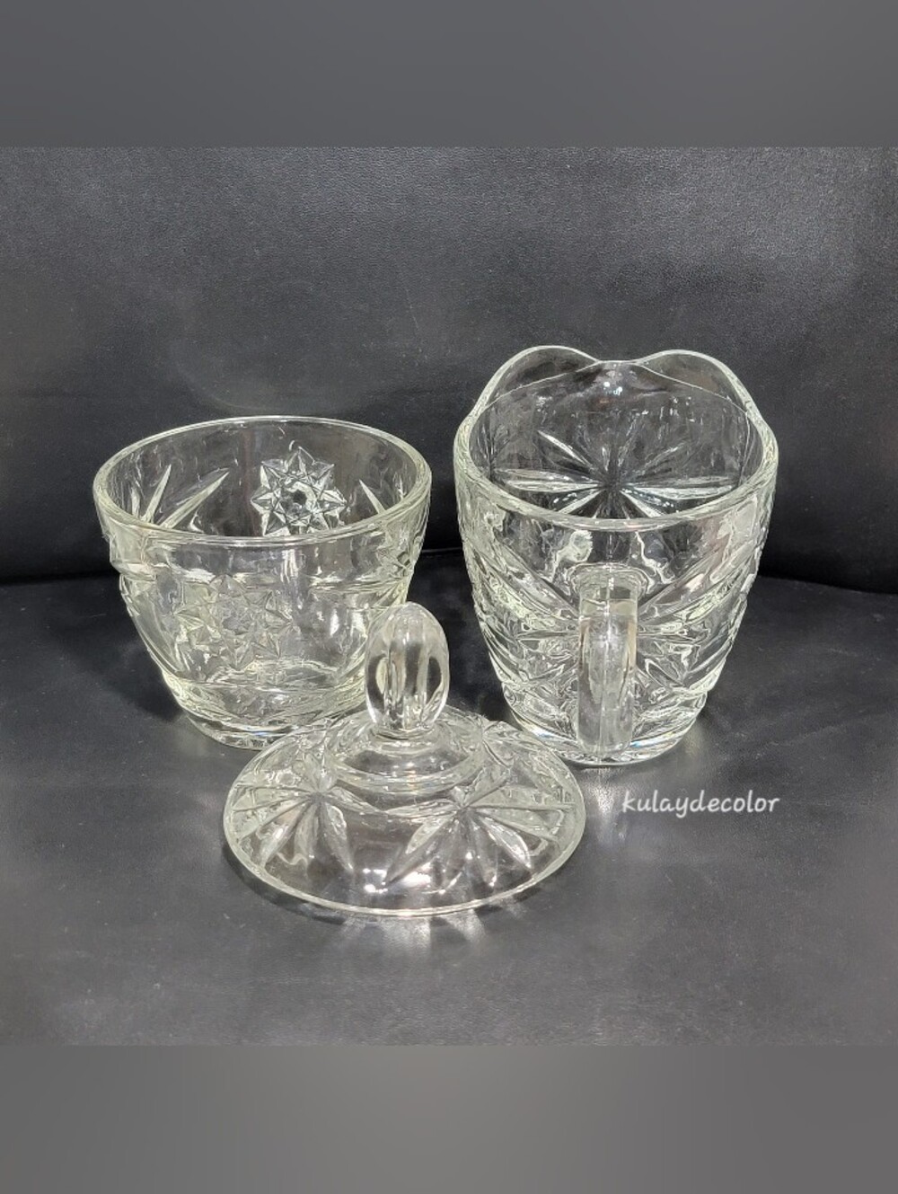 Vintage Anchor Hocking Clear Glass Creamer Covered Sugar Bowl Set with Lid EAPC